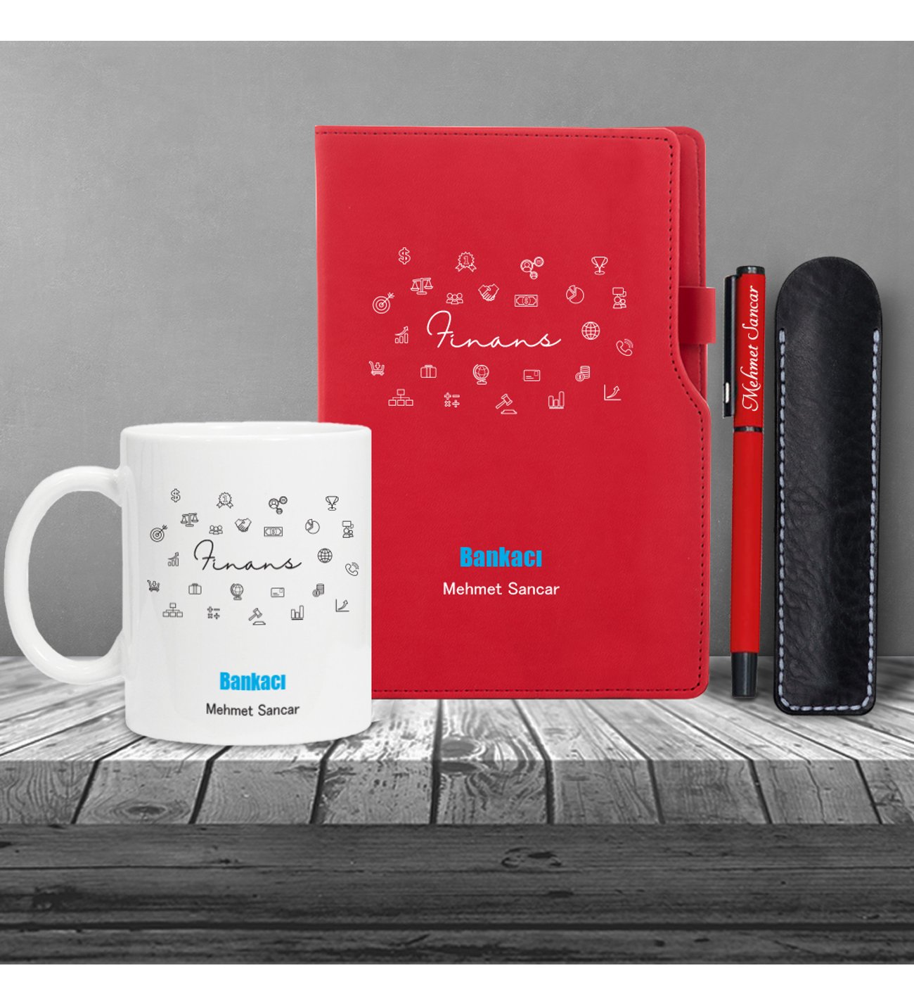 Kişiye Özel Bankacı Temalı Kırmızı Defter & Siyah Roller Kalem ve Kupa Seti