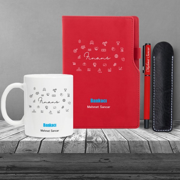 Kişiye Özel Bankacı Temalı Kırmızı Defter & Siyah Roller Kalem ve Kupa Seti