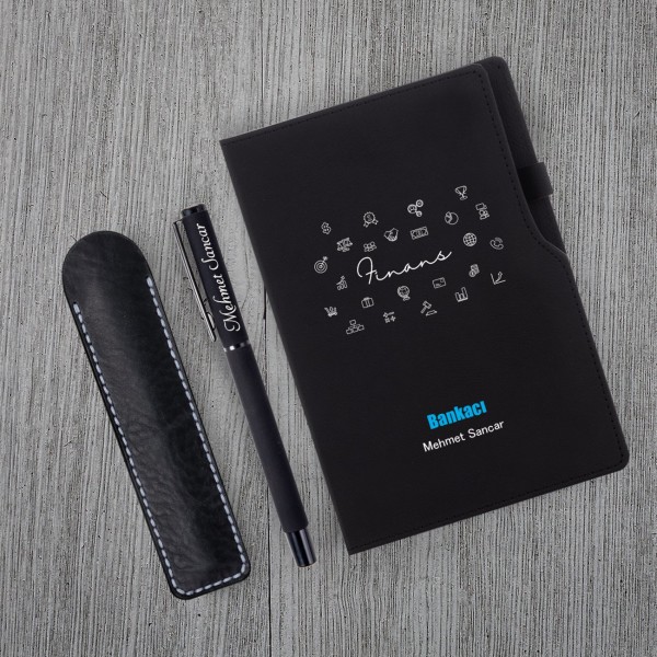 Kişiye Özel Bankacı Temalı Siyah Defter & Siyah Roller Kalem