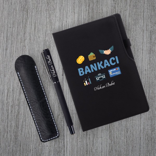 Kişiye Özel Bankacı Temalı Siyah Defter & Siyah Roller Kalem ve Kupa Set 2