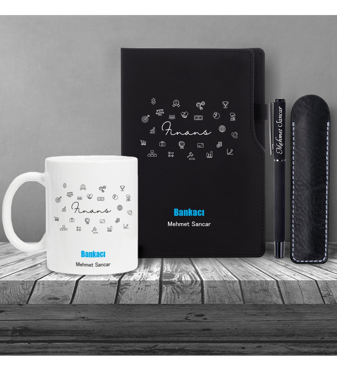 Kişiye Özel Bankacı Temalı Siyah Defter & Siyah Roller Kalem ve Kupa Seti