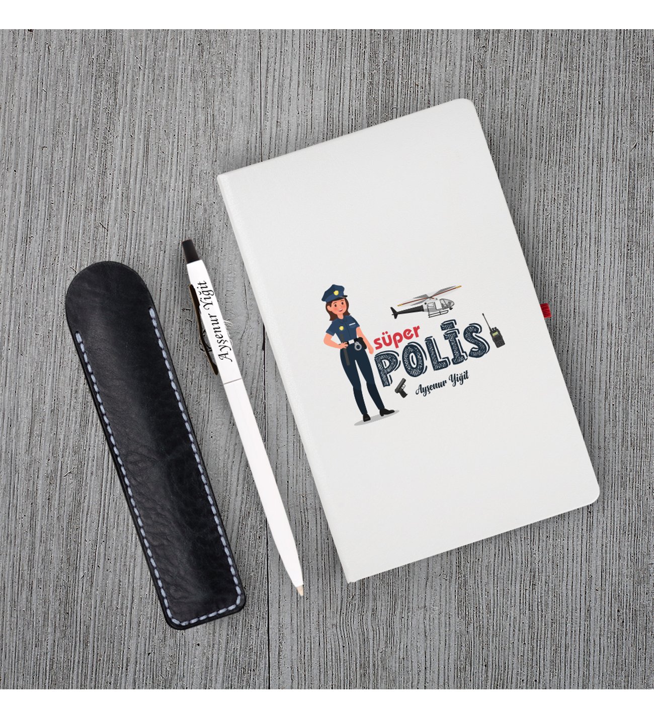 Kişiye Özel Bayan Polis Temalı Beyaz Defter & Metal Beyaz Tükenmez Kalem