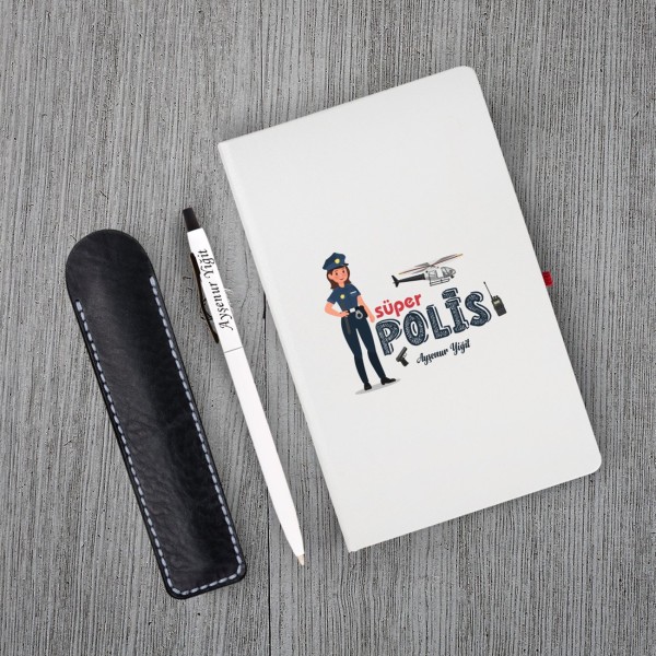 Kişiye Özel Bayan Polis Temalı Beyaz Defter & Metal Beyaz Tükenmez Kalem