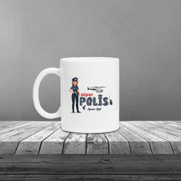 Kişiye Özel Bayan Polis Temalı Beyaz Defter & Metal Beyaz Tükenmez Kalem ve Kupa Seti