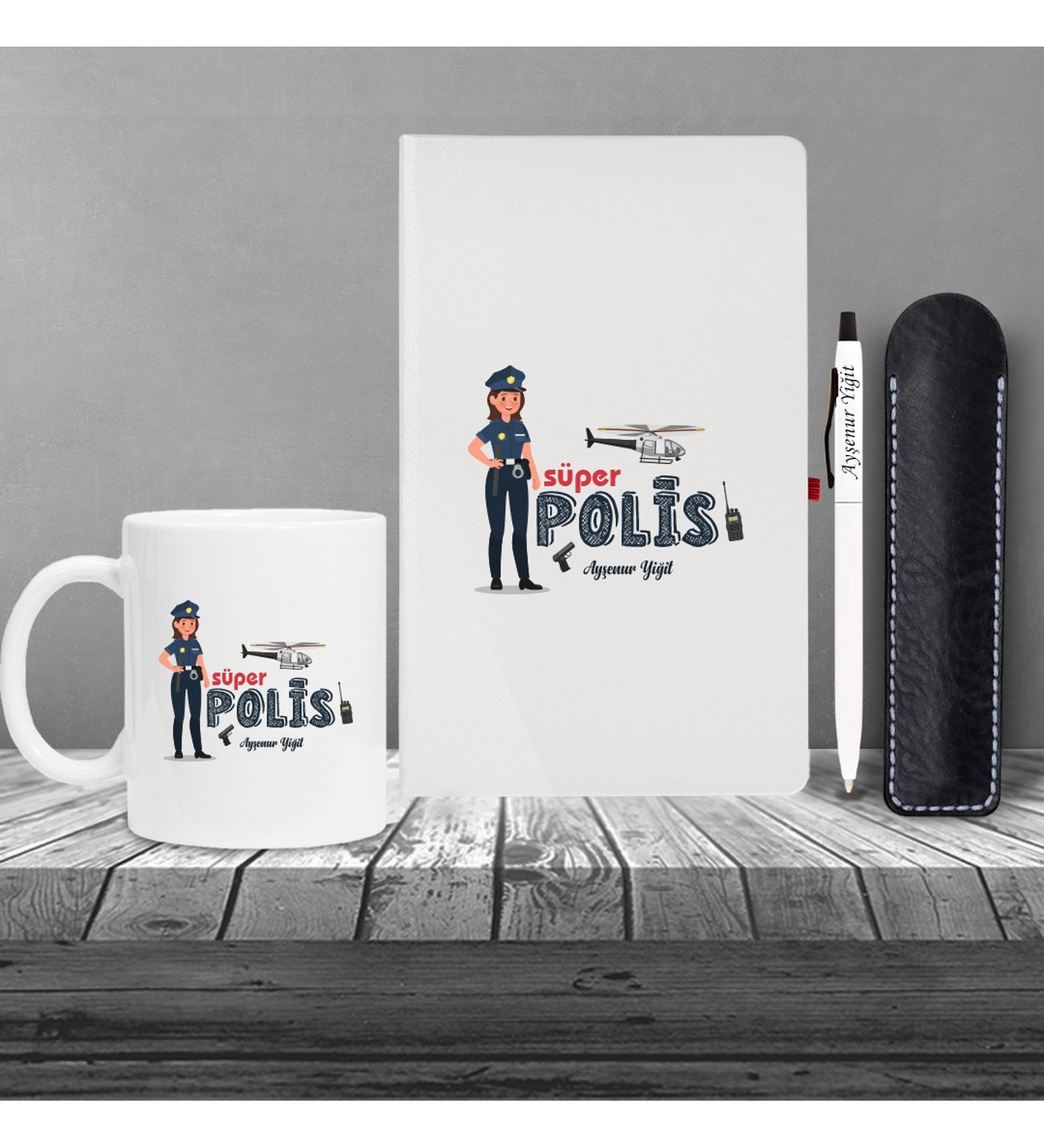 Kişiye Özel Bayan Polis Temalı Beyaz Defter & Metal Beyaz Tükenmez Kalem ve Kupa Seti Kişiye Özel Bayan Polis Temalı Beyaz Defter & Metal Beyaz Tükenmez Kalem ve Kupa Seti