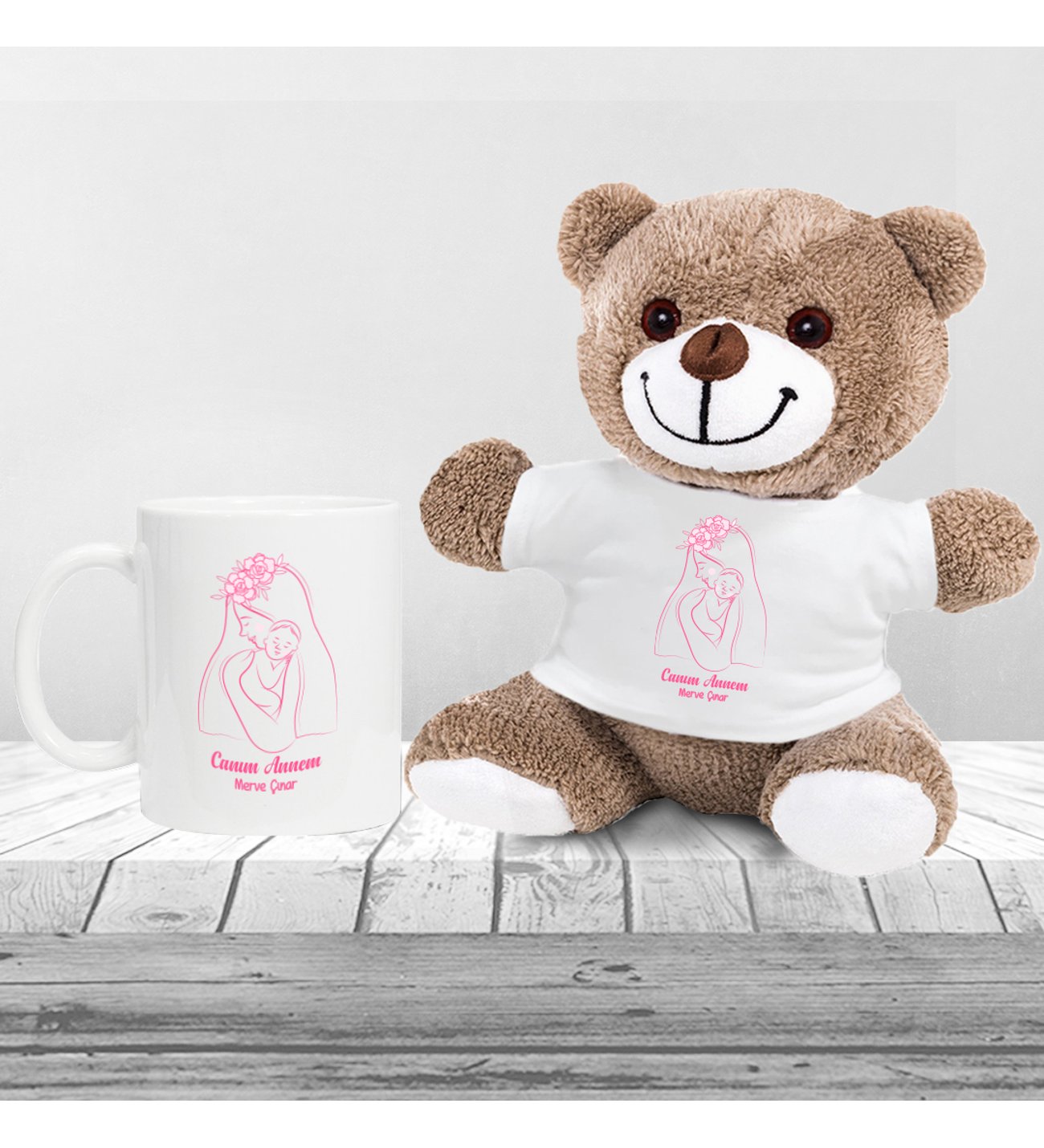 Kişiye Özel Anneler Günü Canım Annem Baskılı Peluş Ayıcık  ve Kupa