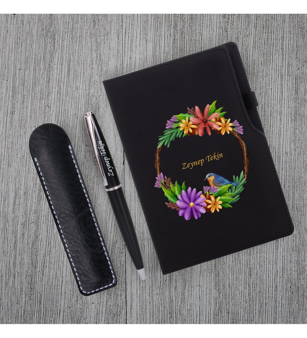 Kişiye Özel Çiçek Desenli UV Baskı Siyah Defter Metal Tükenmez Kalem Seti