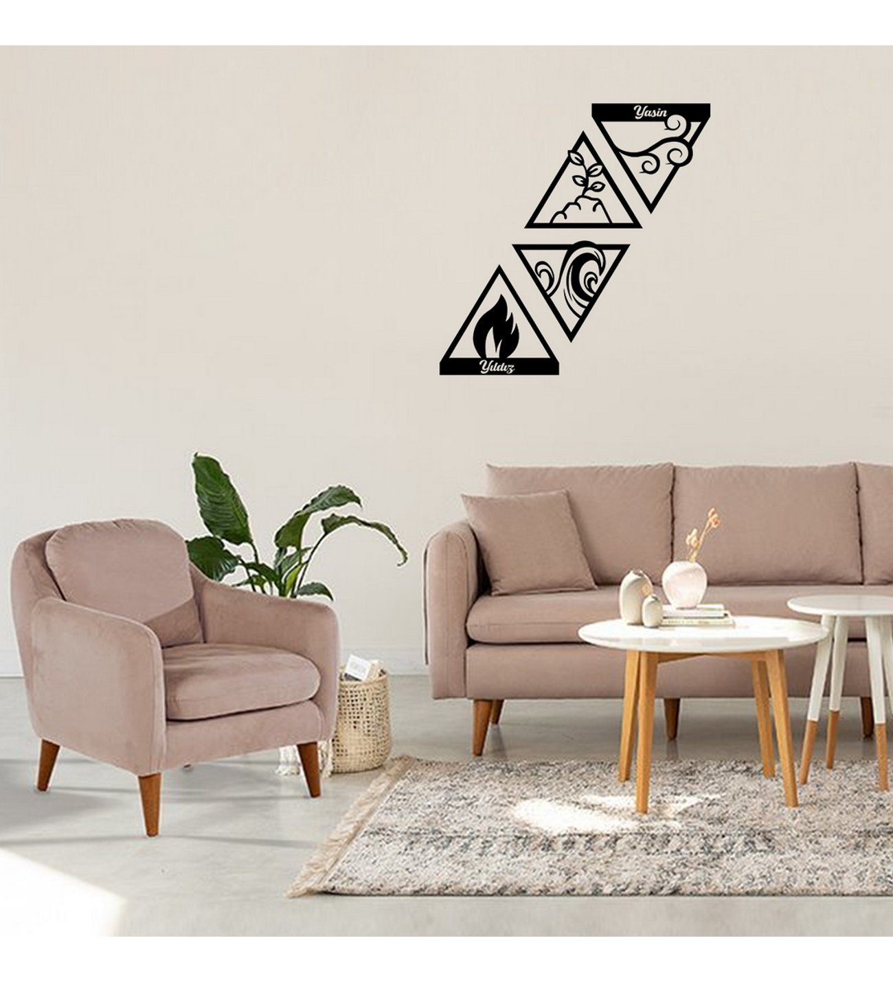 Kişiye Özel Çift İsimli Dört Element Ateş Hava Su Toprak Figürlü Dekoratif Ahşap Tablo