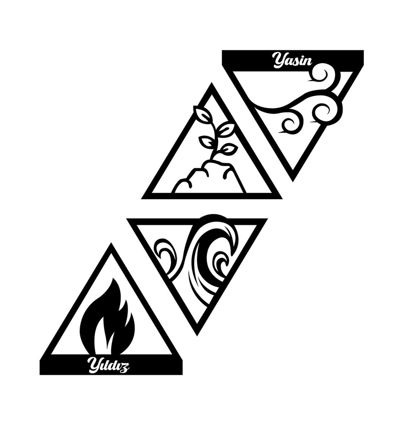 Kişiye Özel Çift İsimli Dört Element Ateş Hava Su Toprak Figürlü Dekoratif Ahşap Tablo