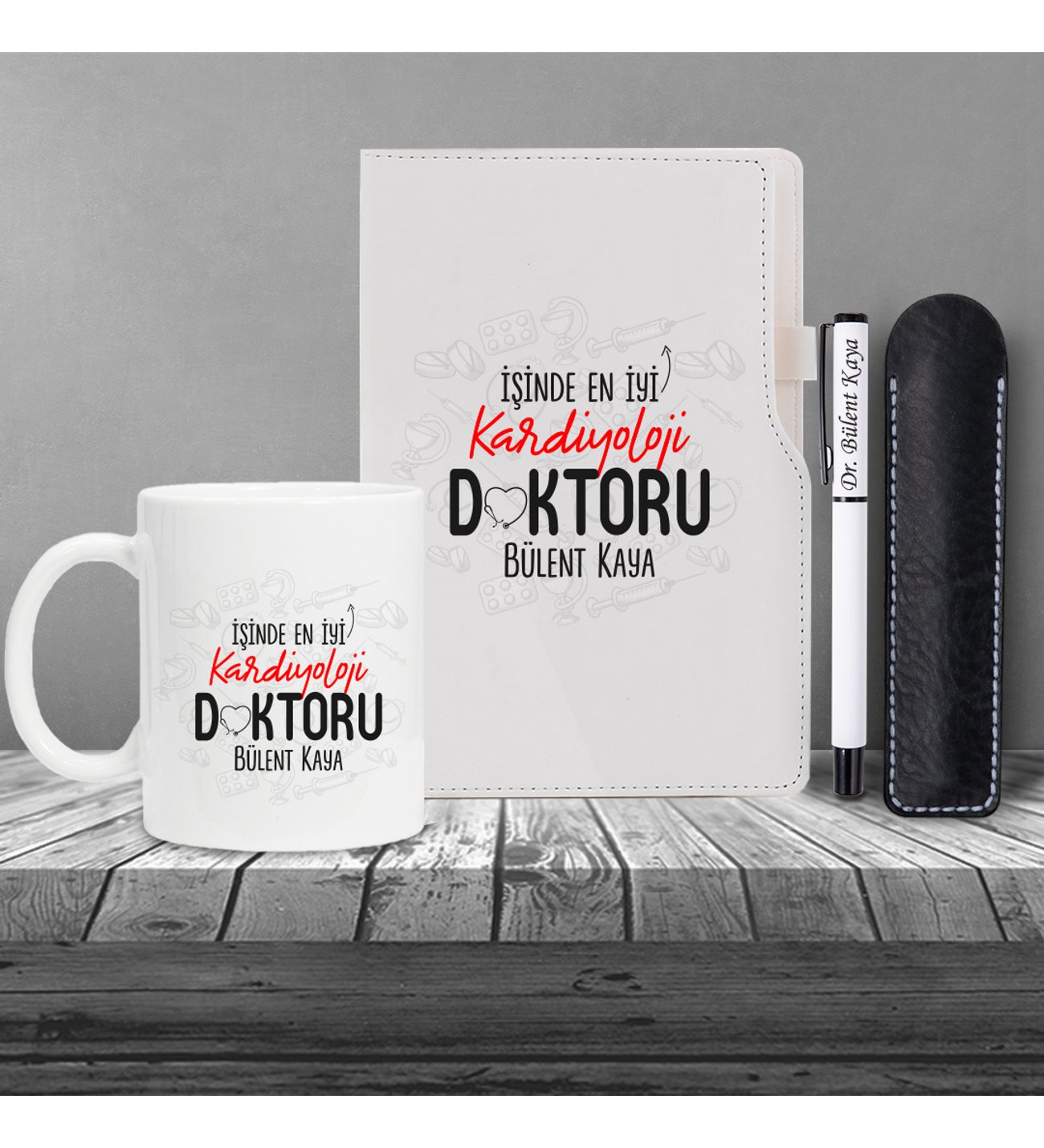 Kişiye Özel Doktor Seti Beyaz Defter & Beyaz Roler Kalem ve Kupa Seti