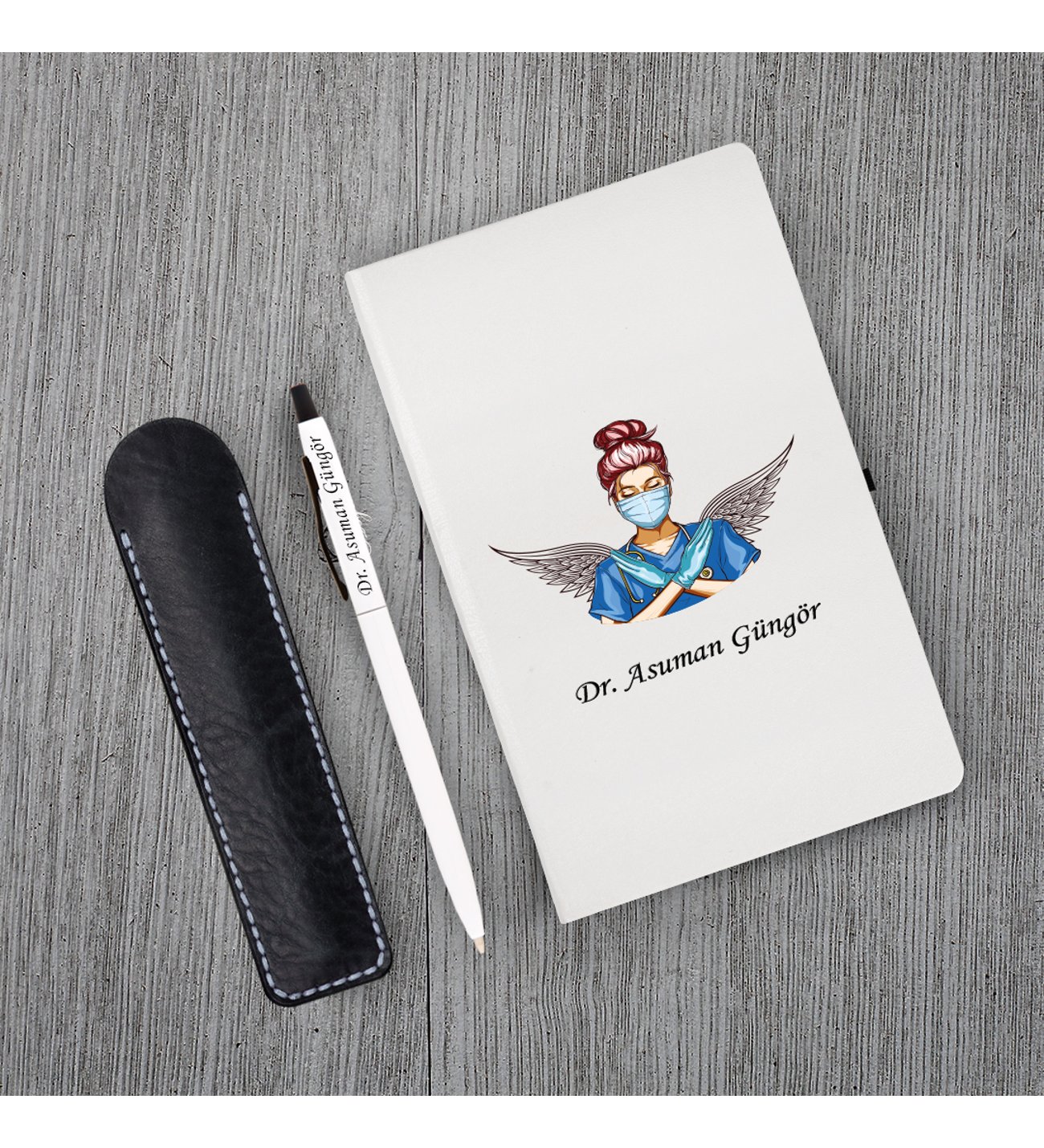 Kişiye Özel Doktor Seti Beyaz Defter Metal & Beyaz Tükenmez Kalem ve Kupa
