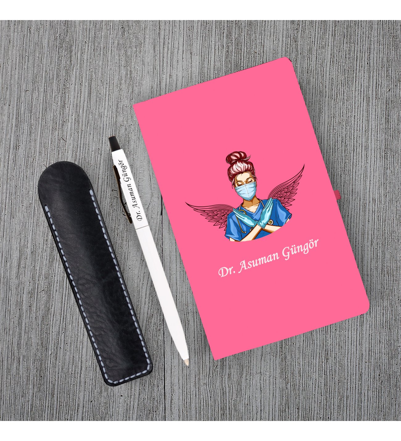 Kişiye Özel Doktor Seti Pembe Defter Metal & Beyaz Tükenmez Kalem