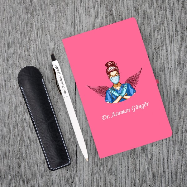 Kişiye Özel Doktor Seti Pembe Defter Metal & Beyaz Tükenmez Kalem