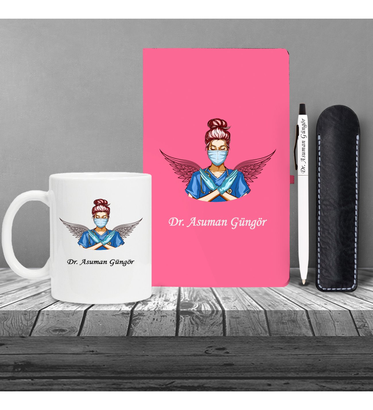 Kişiye Özel Doktor Seti Pembe Defter Metal & Beyaz Tükenmez Kalem ve Kupa