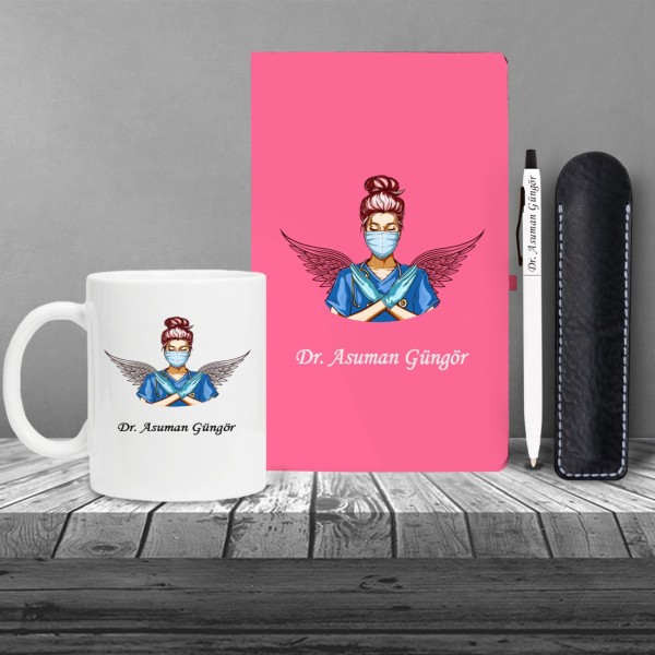 Kişiye Özel Doktor Seti Pembe Defter Metal & Beyaz Tükenmez Kalem ve Kupa