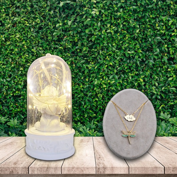 Kişiye Özel Firuze Yusufcuk Kolye ve Kalpli Romantik Melek Işıklı Fanus Kişiye Özel Firuze Yusufcuk Kolye ve Kalpli Romantik Melek Işıklı Fanus