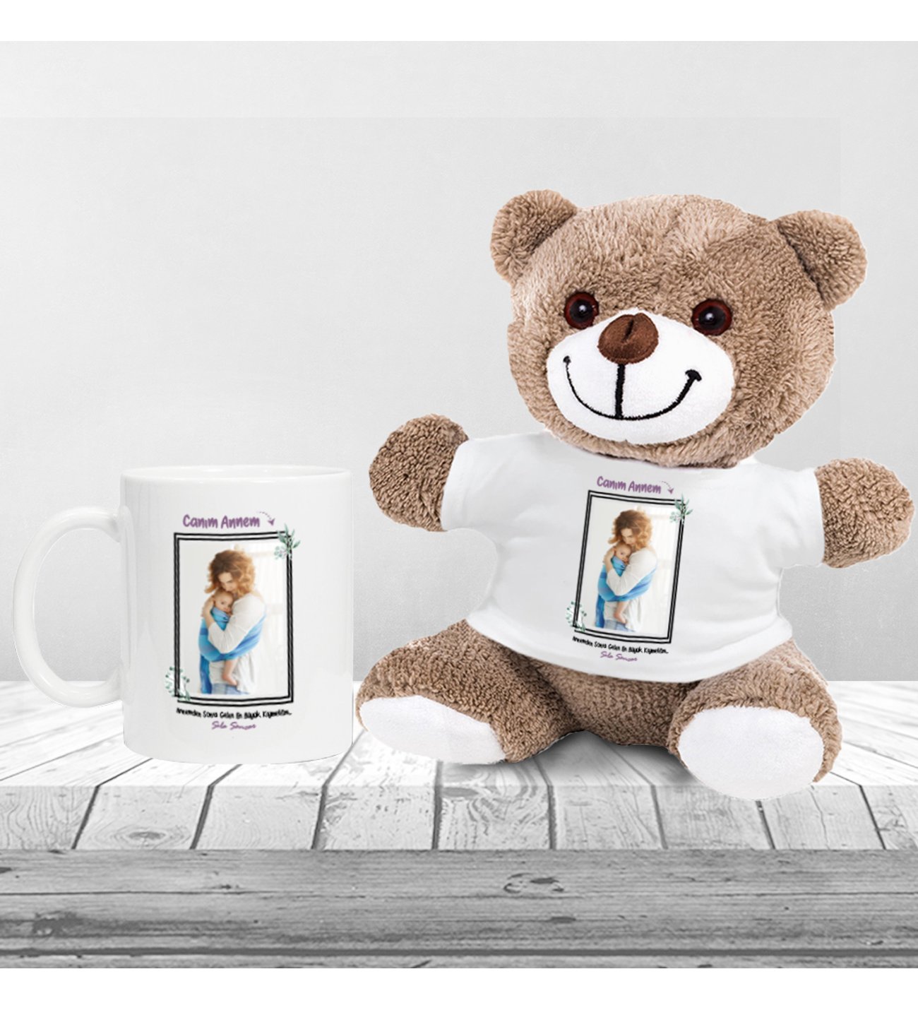 Kişiye Özel Anneler Günü Fotoğraflı Anne Temalı Peluş Ayıcık ve Kupa Seti