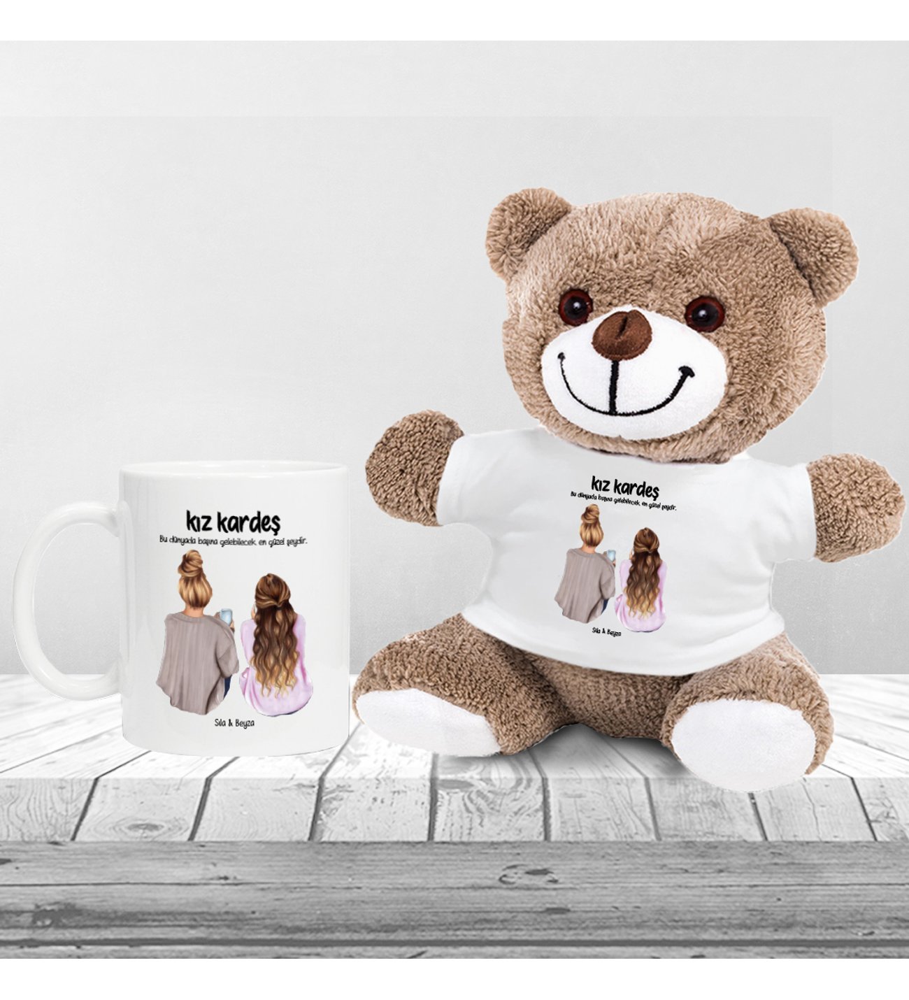 Kişiye Özel Fotoğraflı Kız Kardeş  Temalı Peluş Ayıcık ve Kupa Seti
