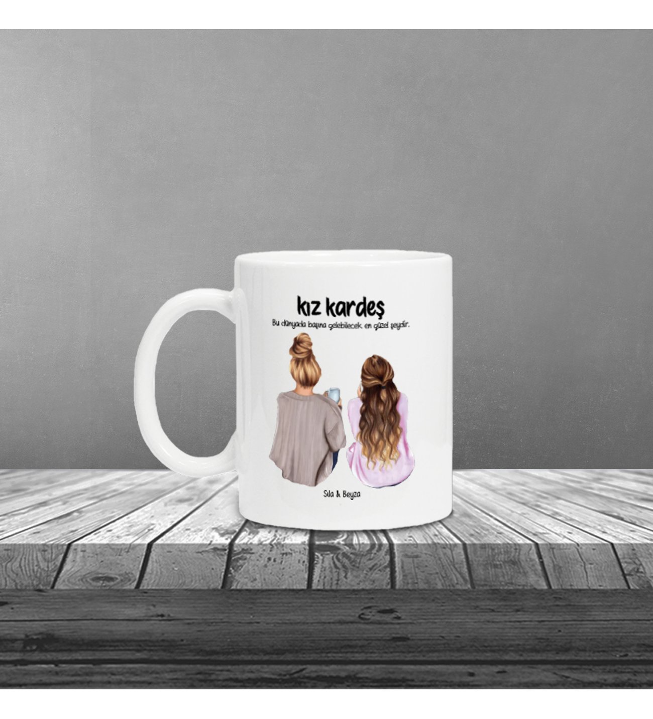 Kişiye Özel Fotoğraflı Kız Kardeş  Temalı Peluş Ayıcık ve Kupa Seti