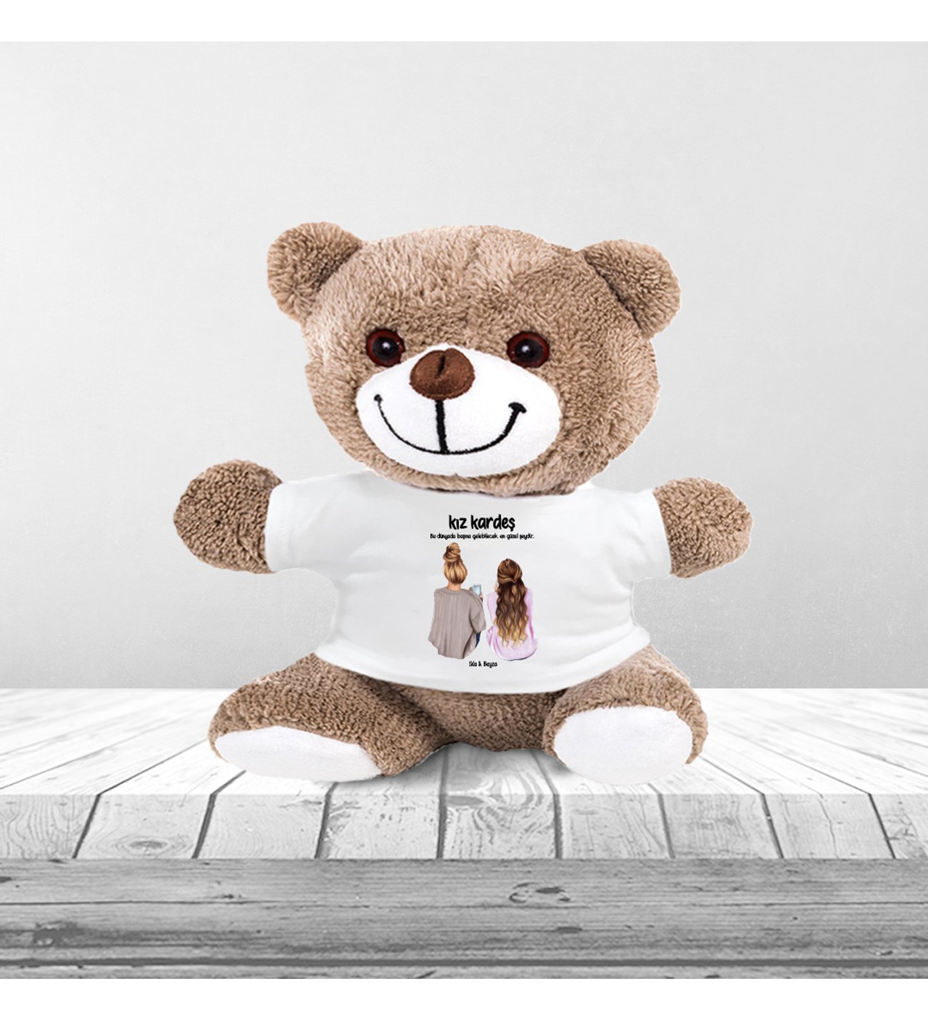 Kişiye Özel Fotoğraflı Kız Kardeş  Temalı Peluş Ayıcık ve Kupa Seti