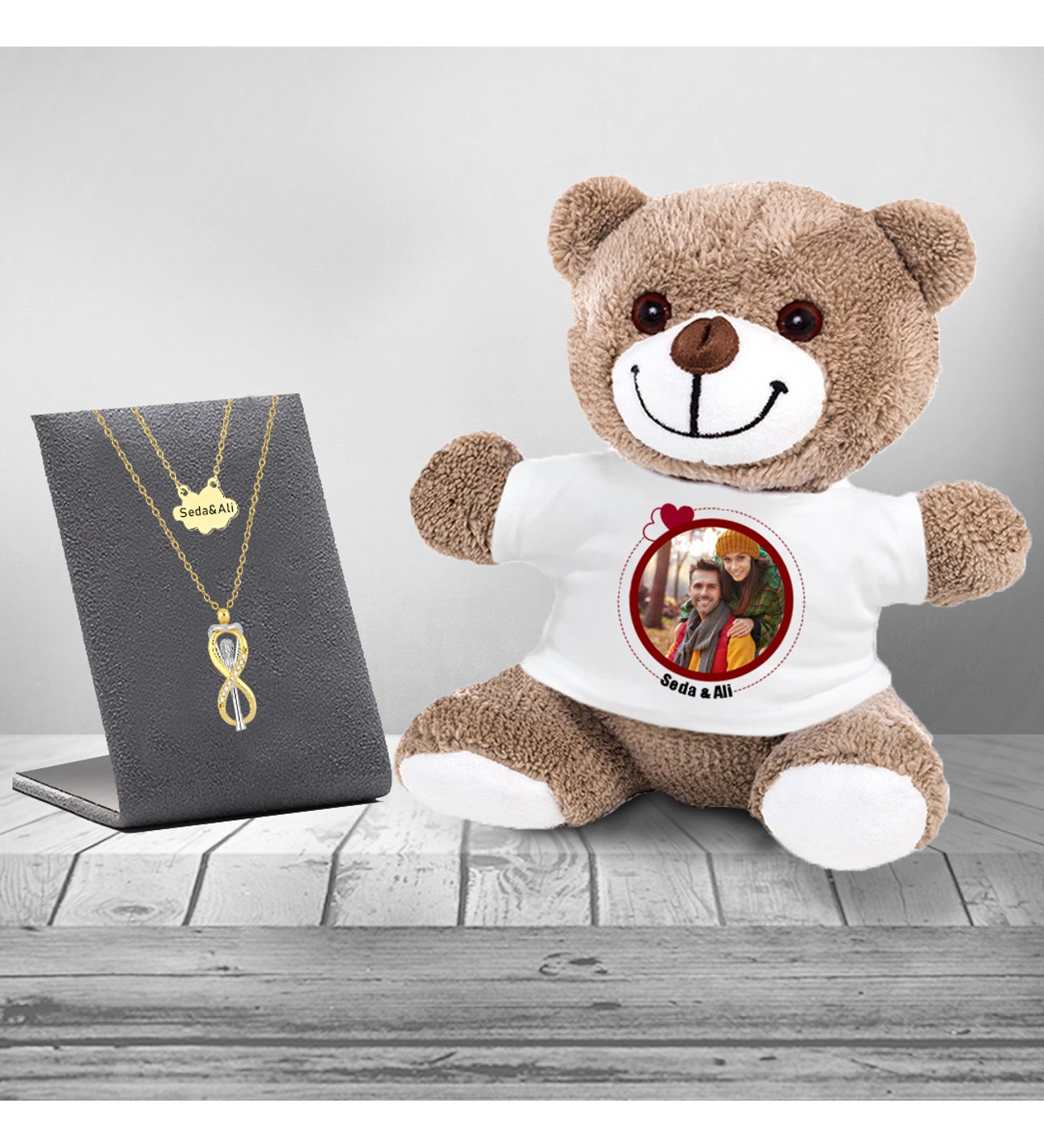 Kişiye Özel Fotoğraflı Peluş Ayıcık Kupa ve Sonsuzluk Çifti Kolye