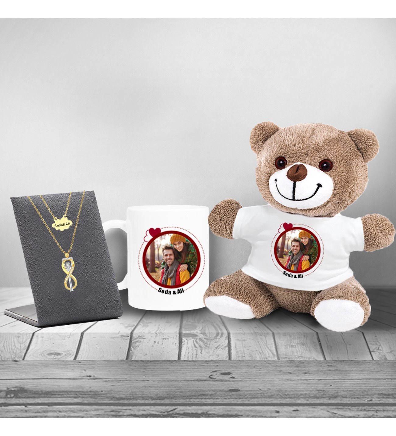 Kişiye Özel Fotoğraflı Peluş Ayıcık Kupa ve Sonsuzluk Çifti Kolye