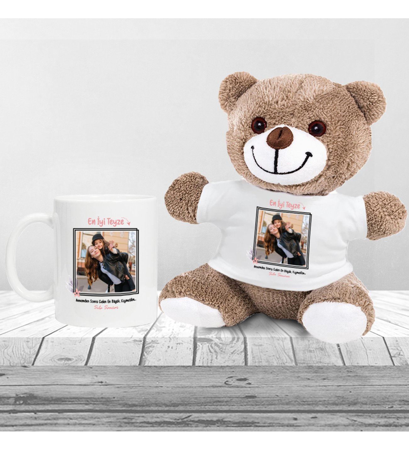 Kişiye Özel Anneler Günü Fotoğraflı Teyze Temalı Peluş Ayıcık ve Kupa Seti Kişiye Özel Anneler Günü Fotoğraflı Teyze Temalı Peluş Ayıcık ve Kupa Seti