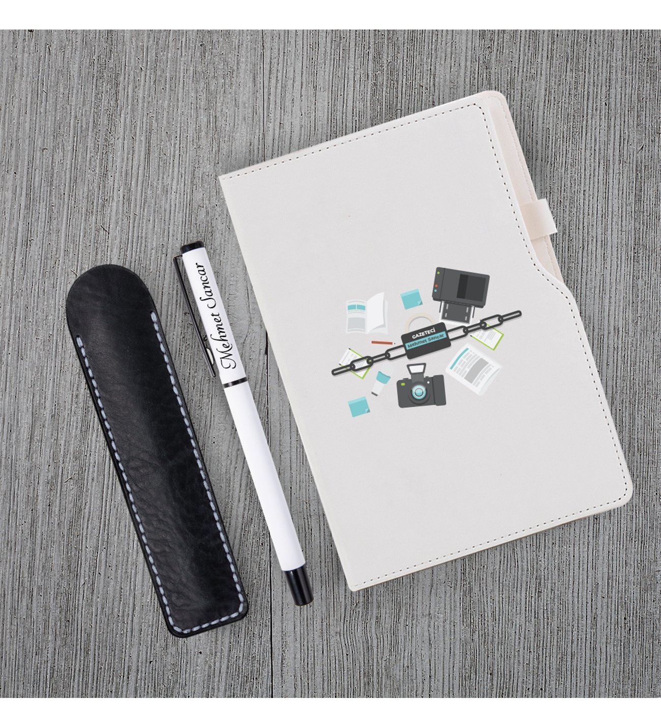 Kişiye Özel Gazeteci Temalı Beyaz Defter & Beyaz Roller Kalem ve Kupa Seti