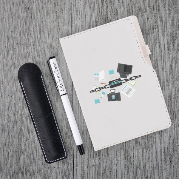 Kişiye Özel Gazeteci Temalı Beyaz Defter & Beyaz Roller Kalem ve Kupa Seti