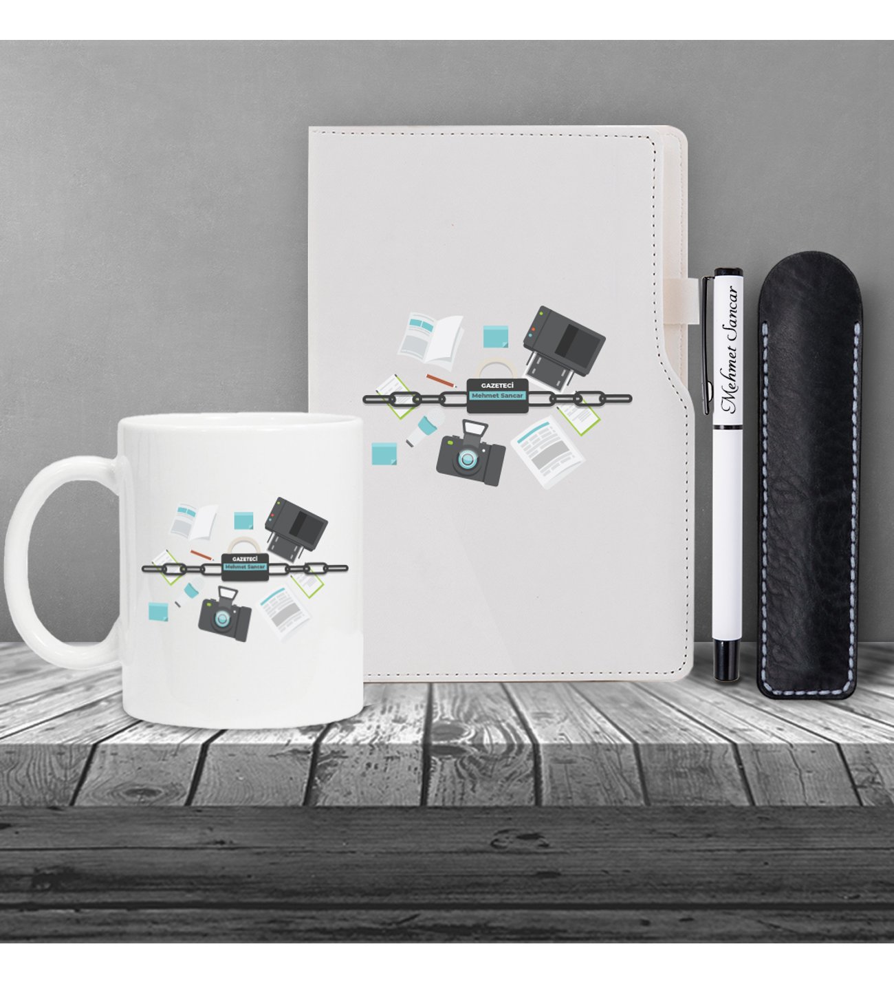 Kişiye Özel Gazeteci Temalı Beyaz Defter & Beyaz Roller Kalem ve Kupa Seti