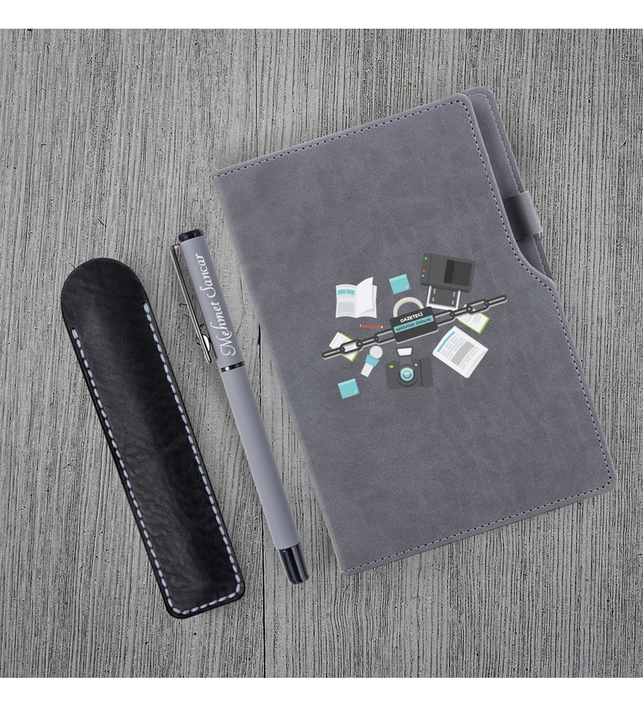 Kişiye Özel Gazeteci Temalı Gri Defter & Gri Roller Kalem Kişiye Özel Gazeteci Temalı Gri Defter & Gri Roller Kalem