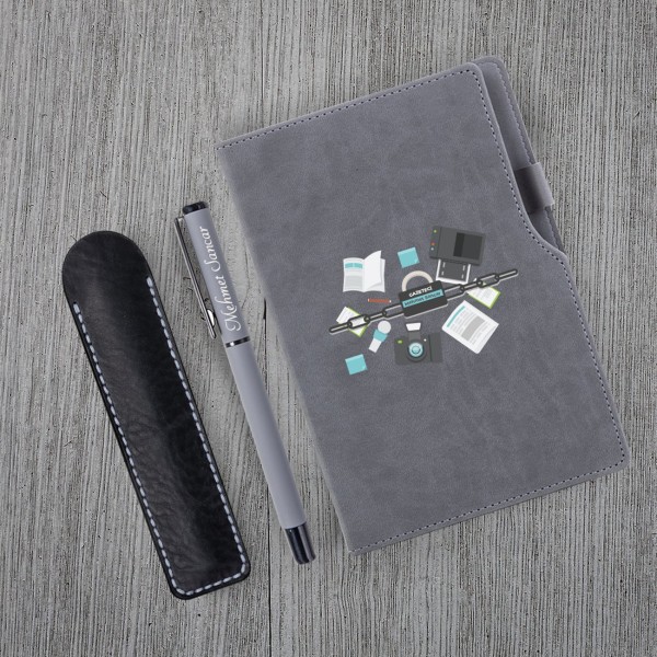 Kişiye Özel Gazeteci Temalı Gri Defter & Gri Roller Kalem