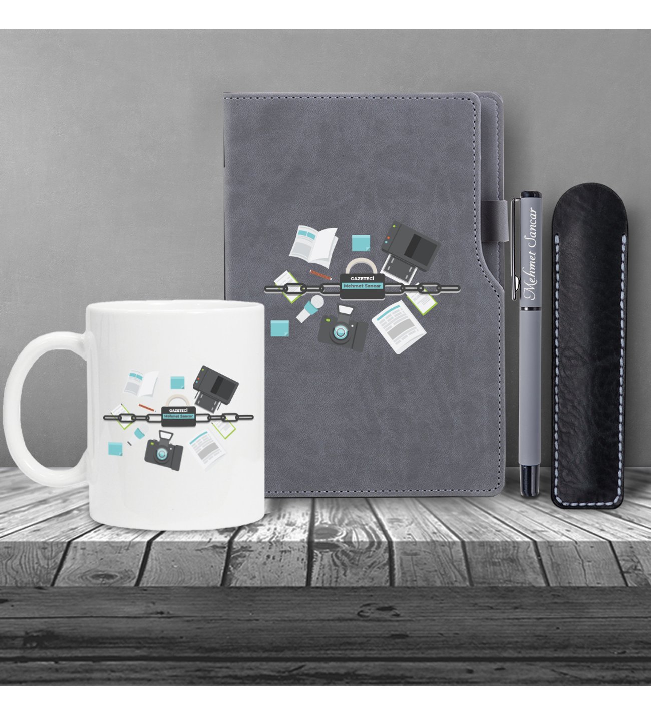 Kişiye Özel Gazeteci Temalı Gri Defter & Gri Roller Kalem ve Kupa Seti
