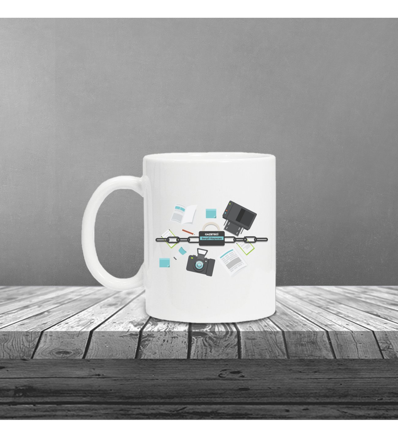 Kişiye Özel Gazeteci Temalı Pembe Defter & Pembe Roller Kalem ve Kupa Seti