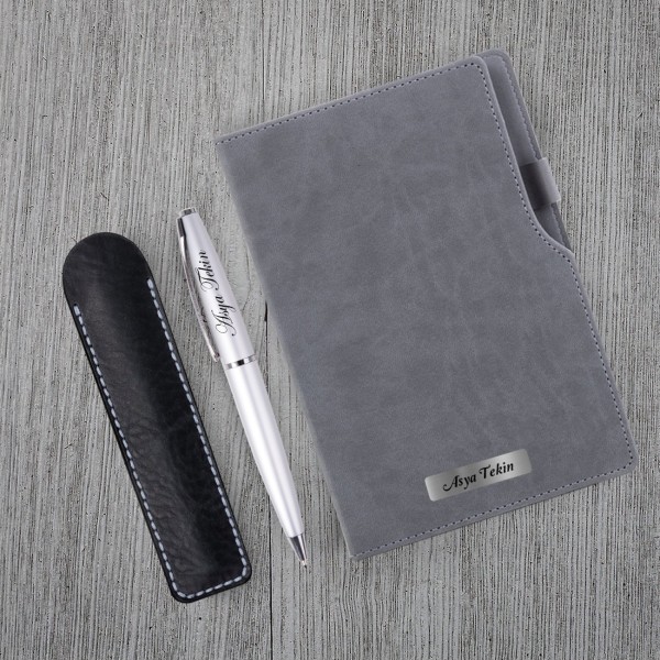 Kişiye Özel Gri Defter Gri Metal Tükenmez Kalem Seti Kişiye Özel Gri Defter Gri Metal Tükenmez Kalem Seti