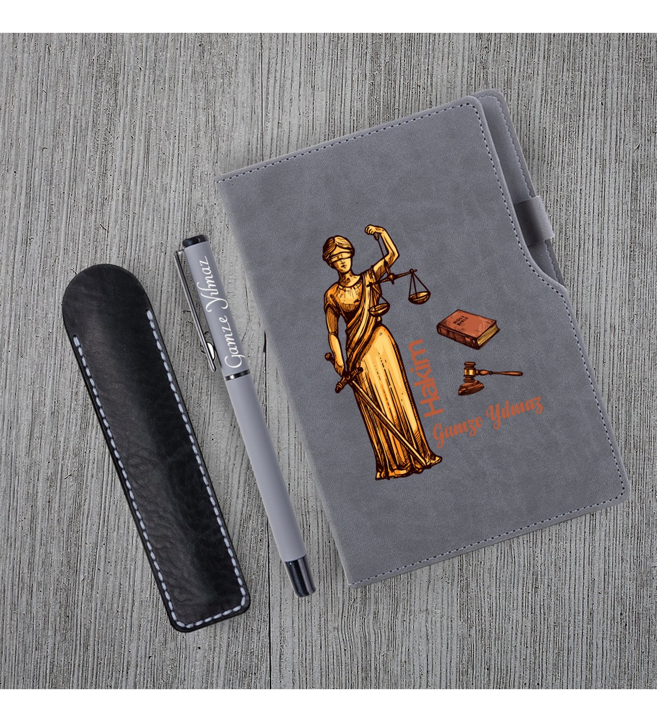 Kişiye Özel Hakim Temalı Gri Defter , Gri Roller Kalem ve Kupa Seti