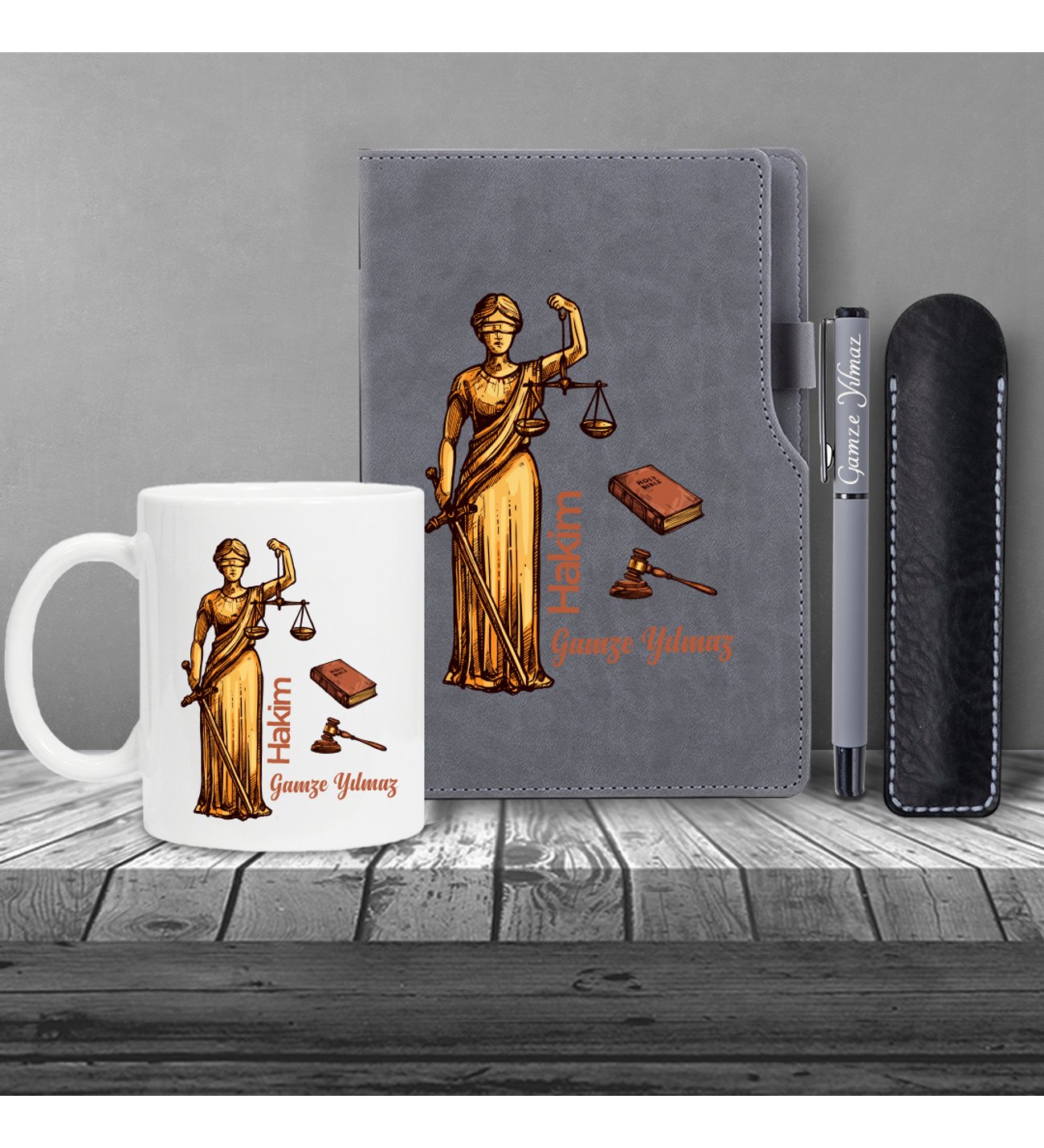 Kişiye Özel Hakim Temalı Gri Defter , Gri Roller Kalem ve Kupa Seti