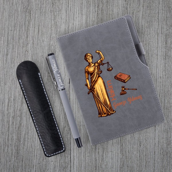 Kişiye Özel Hakim Temalı Gri Defter ve  Gri Roller Kalem  Seti