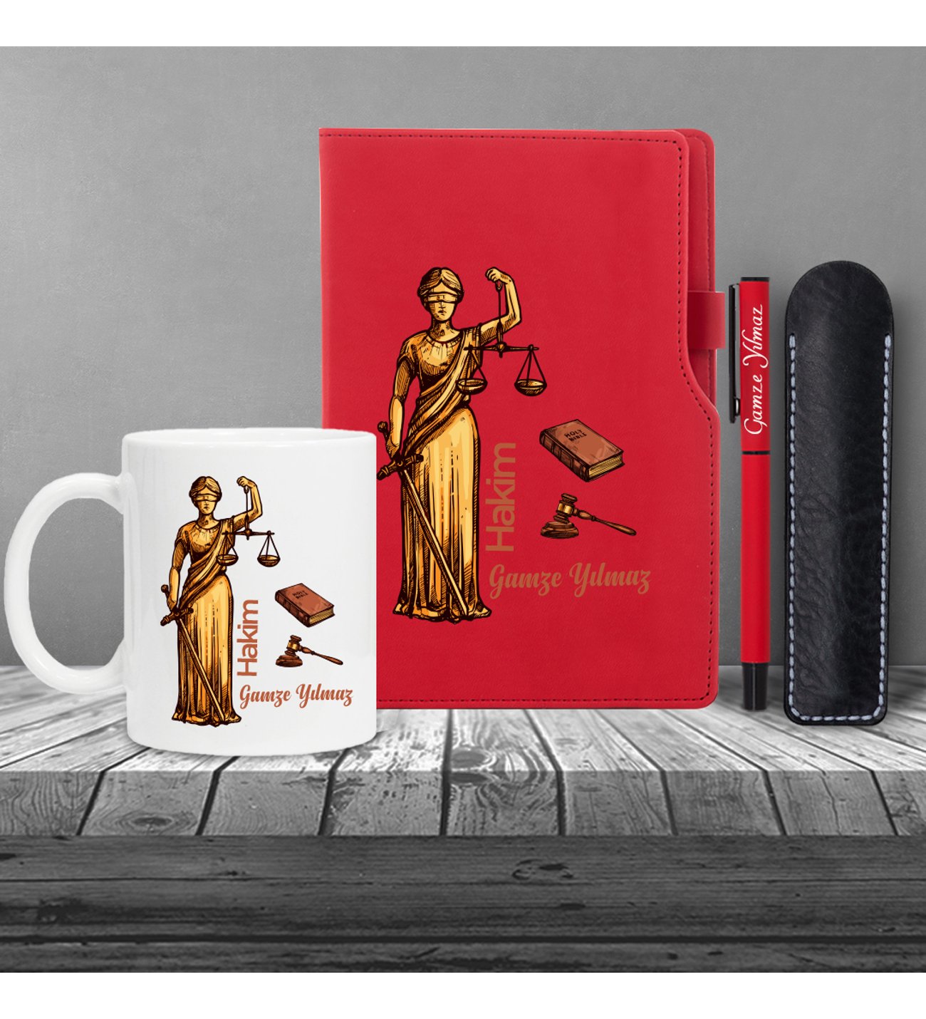 Kişiye Özel Hakim Temalı Kırmızı Defter , Kırmızı Roller Kalem ve Kupa Seti