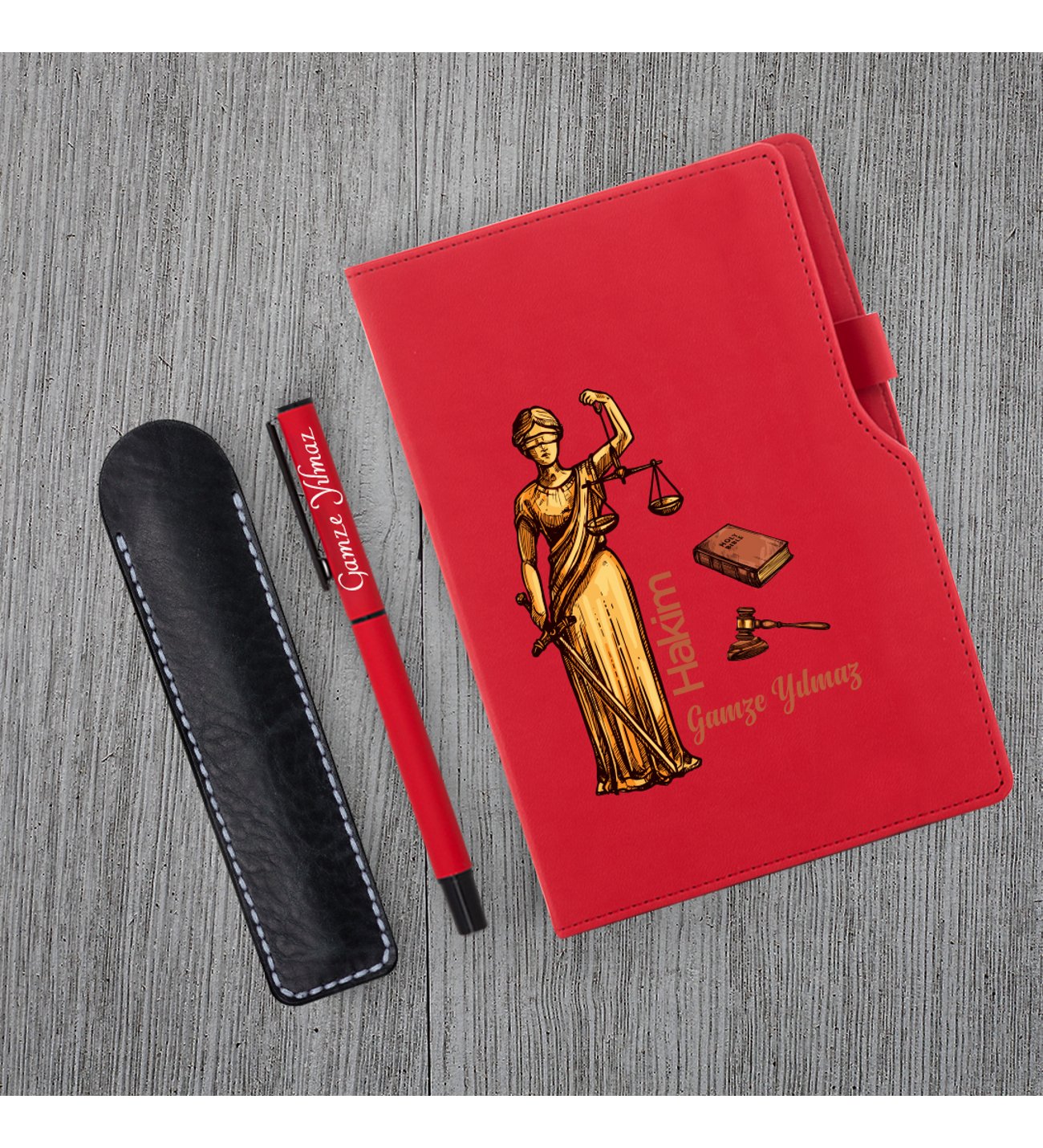 Kişiye Özel Hakim Temalı Kırmızı Defter , Kırmızı Roller Kalem ve Kupa Seti