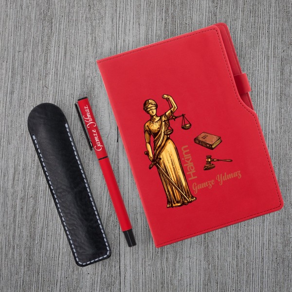 Kişiye Özel Hakim Temalı Kırmızı Defter ve Kırmızı Roller Kalem Seti