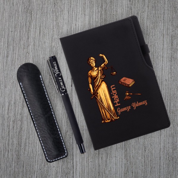 Kişiye Özel Hakim Temalı Siyah Defter ve  Siyah Roller Kalem  Seti