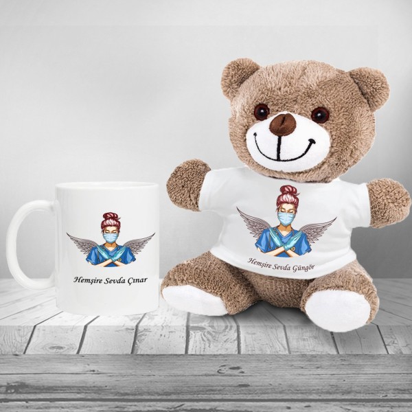 Kişiye Özel Hemşire Seti Peluş Ayıcık ve Kupa