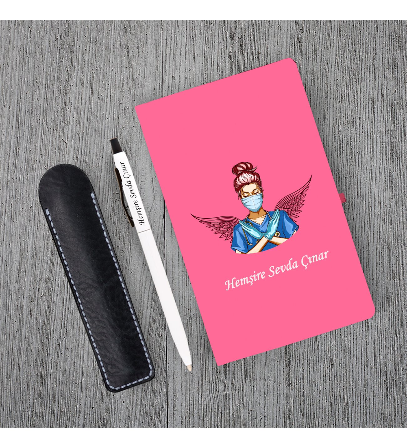 Kişiye Özel Hemşire Seti Pembe Defter Metal & Beyaz Tükenmez Kalem