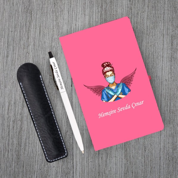 Kişiye Özel Hemşire Seti Pembe Defter Metal & Beyaz Tükenmez Kalem