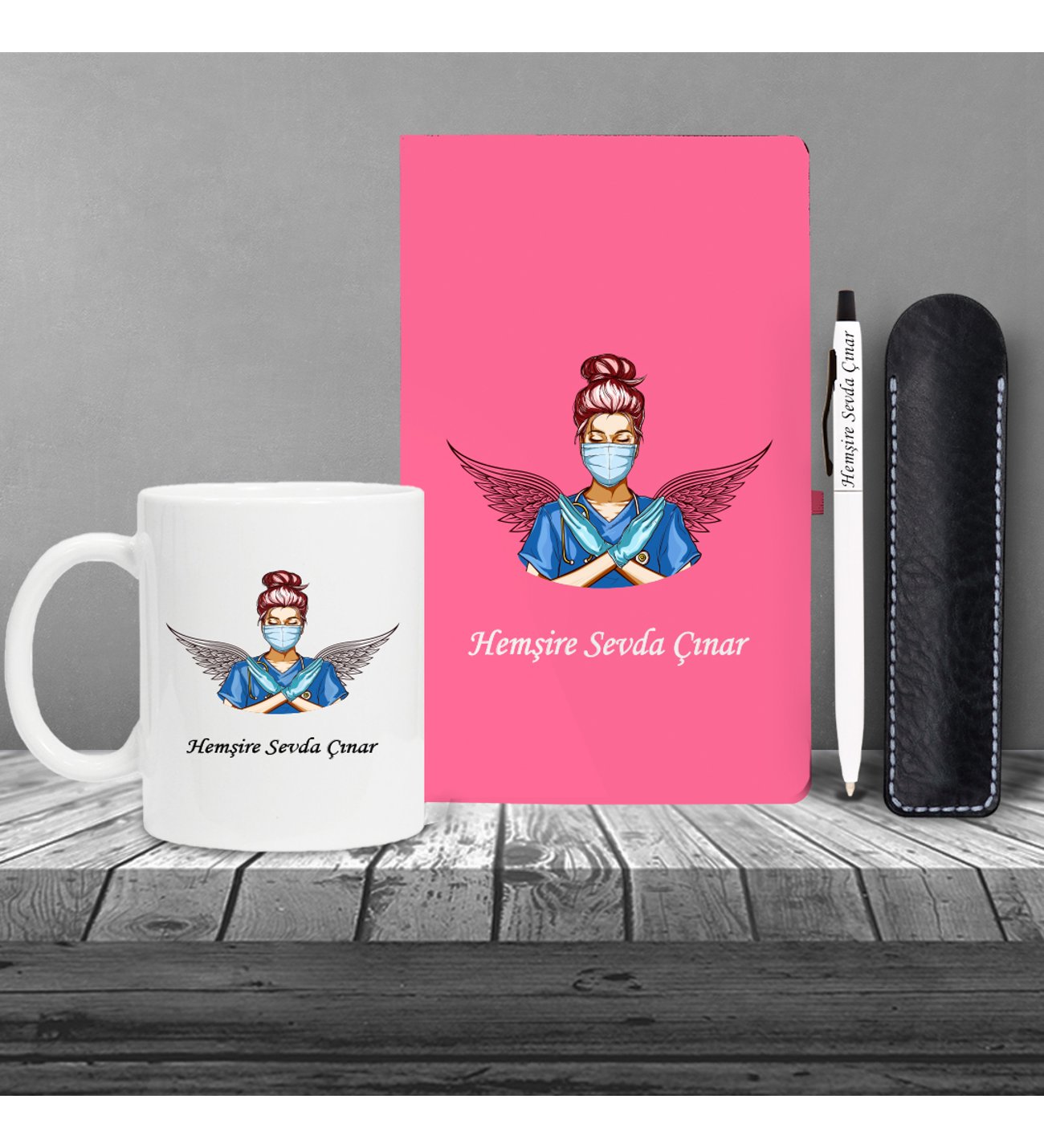 Kişiye Özel Hemşire Seti Pembe Defter Metal & Beyaz Tükenmez Kalem ve Kupa