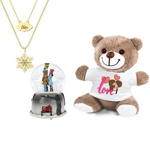 Kişiye Özel Kartanesi Kolye & Pembe Love Baskılı Kalp Tişörtlü Ayıcık ve Işıklı Sokak Lambalı Orta Boy Kar Küresi Kişiye Özel Kartanesi Kolye & Pembe Love Baskılı Kalp Tişörtlü Ayıcık ve Işıklı Sokak Lambalı Orta Boy Kar Küresi