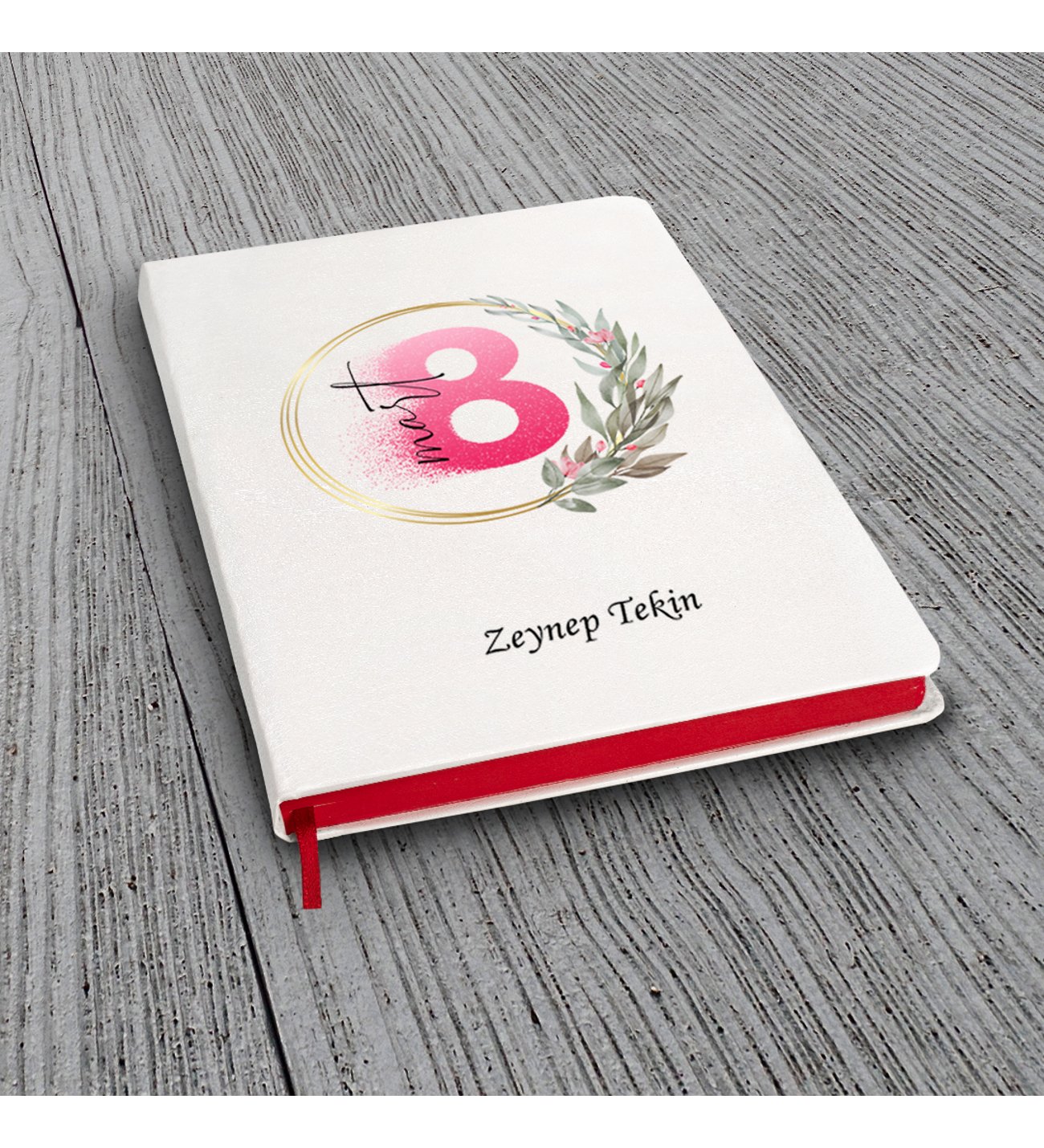 Kişiye Özel UV Baskılı 8 Mart Temalı Klasik Model  Beyaz Defter ve Kırmızı Tükenmez Kalem ve Kupa Seti