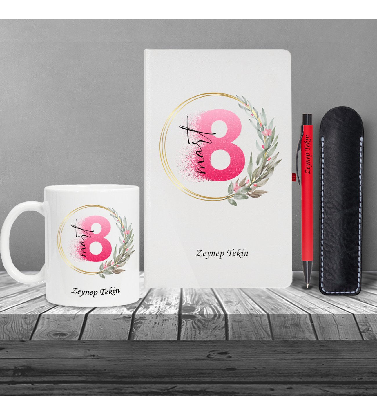Kişiye Özel UV Baskılı 8 Mart Temalı Klasik Model  Beyaz Defter ve Kırmızı Tükenmez Kalem ve Kupa Seti