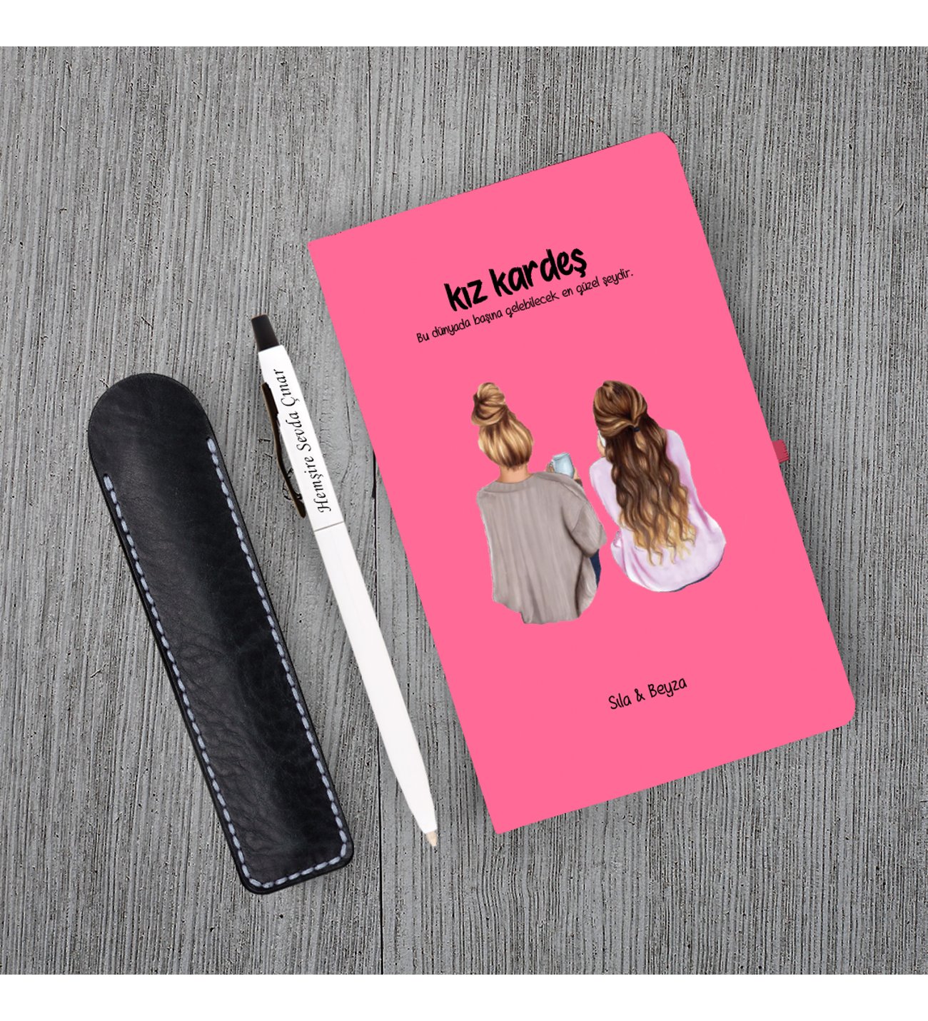 Kişiye Özel Kız Kardeş Seti Pembe Defter Metal & Beyaz Metal Tükenmez Kalem ve Kupa